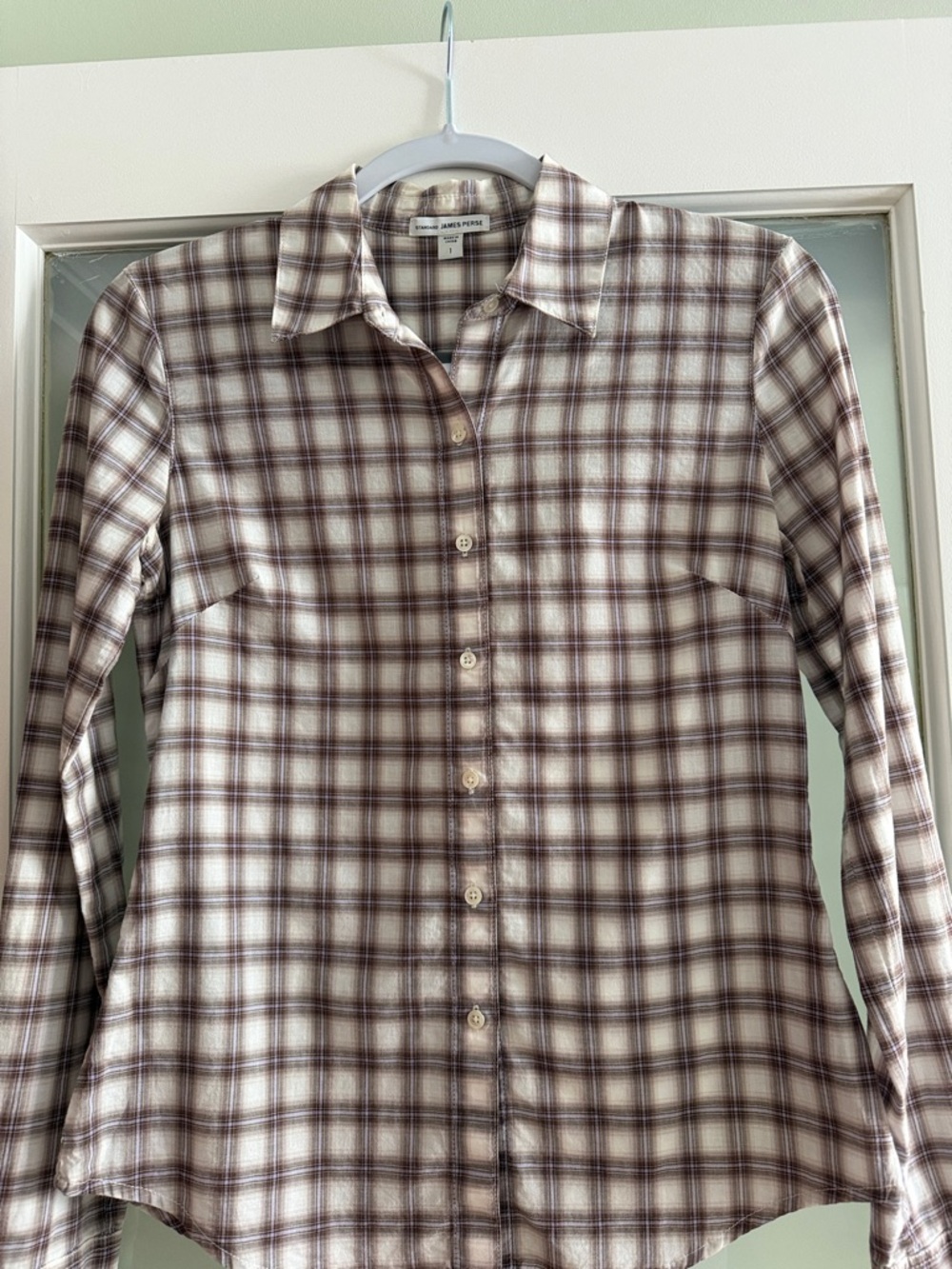 James Perse Cream, Brown and Purple Plaid Button-Down Shirt